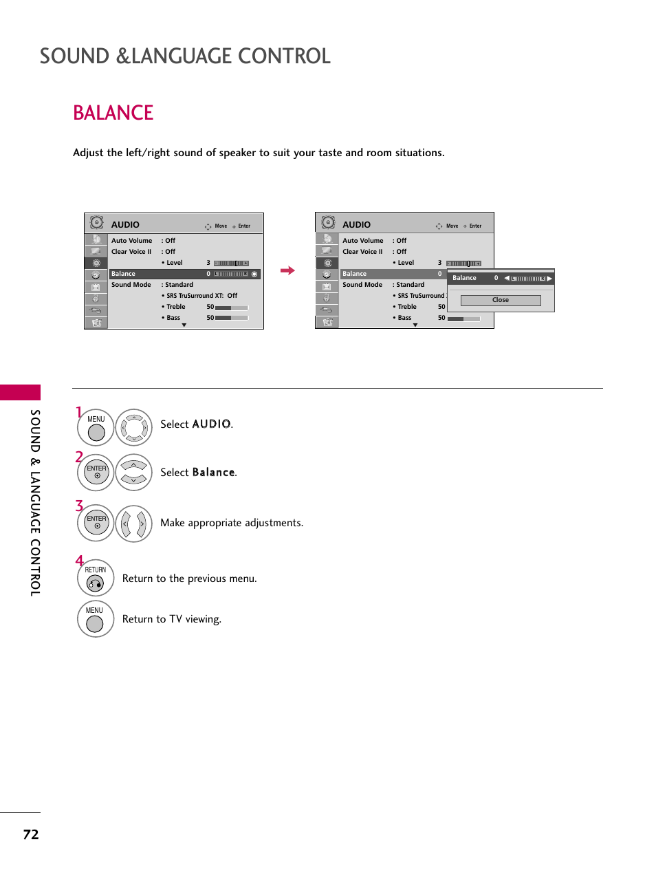 Balance, Sound &language control, Sound & langu a ge contr ol | Return to the previous menu, Return to tv viewing | LG 32LD655H User Manual | Page 72 / 167