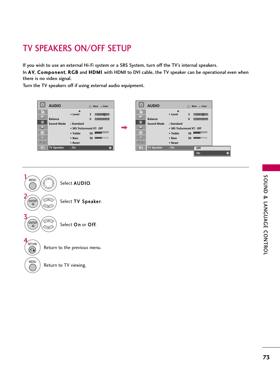 Tv speakers on/off setup, Sound & langu a ge contr ol | LG 32LD655H User Manual | Page 73 / 167