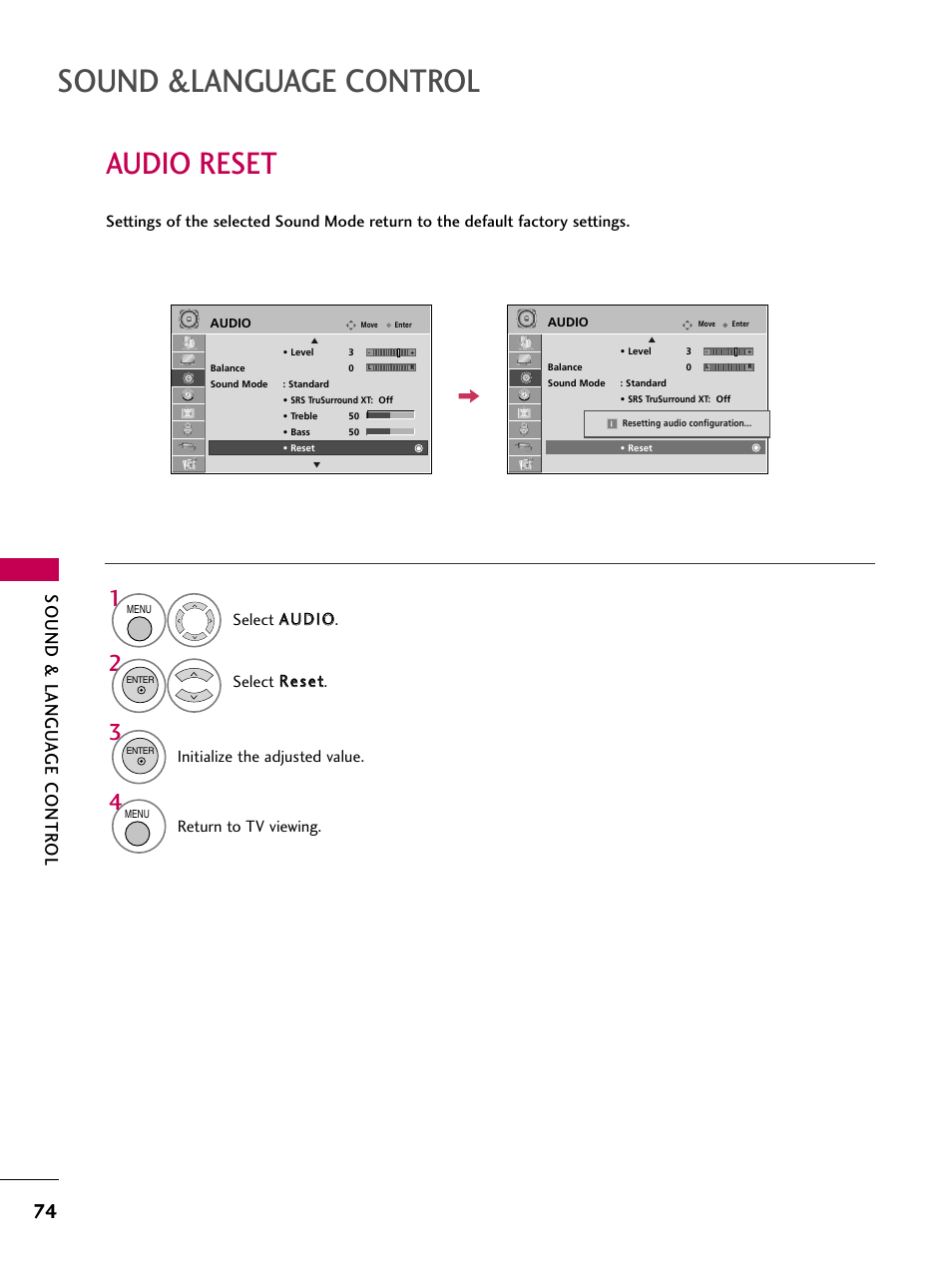 Audio reset, Sound &language control, Sound & langu a ge contr ol | Initialize the adjusted value, Return to tv viewing | LG 32LD655H User Manual | Page 74 / 167