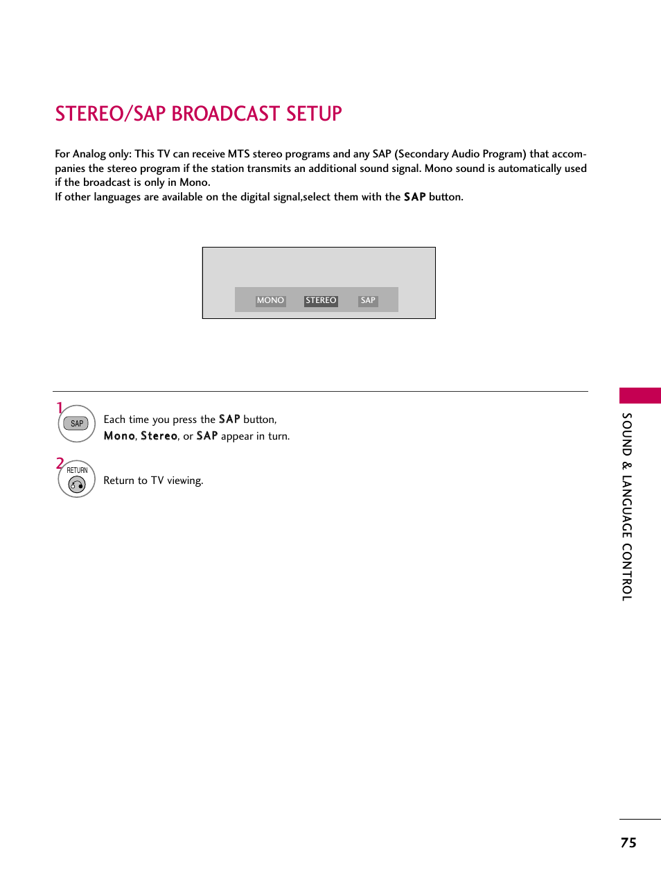 Stereo/sap broadcast setup | LG 32LD655H User Manual | Page 75 / 167