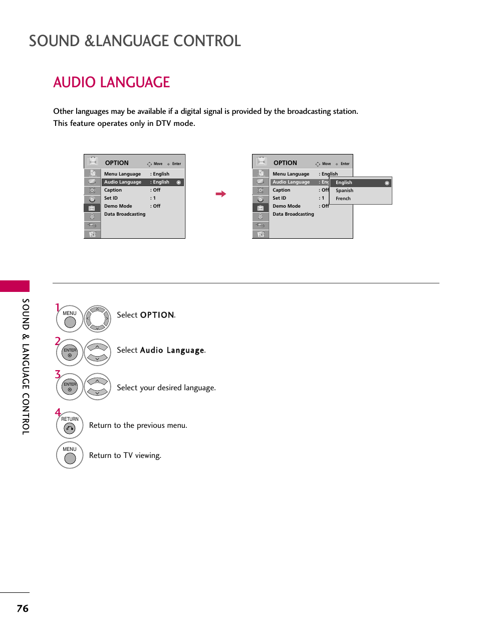 Audio language, Sound &language control, Sound & langu a ge contr ol | LG 32LD655H User Manual | Page 76 / 167