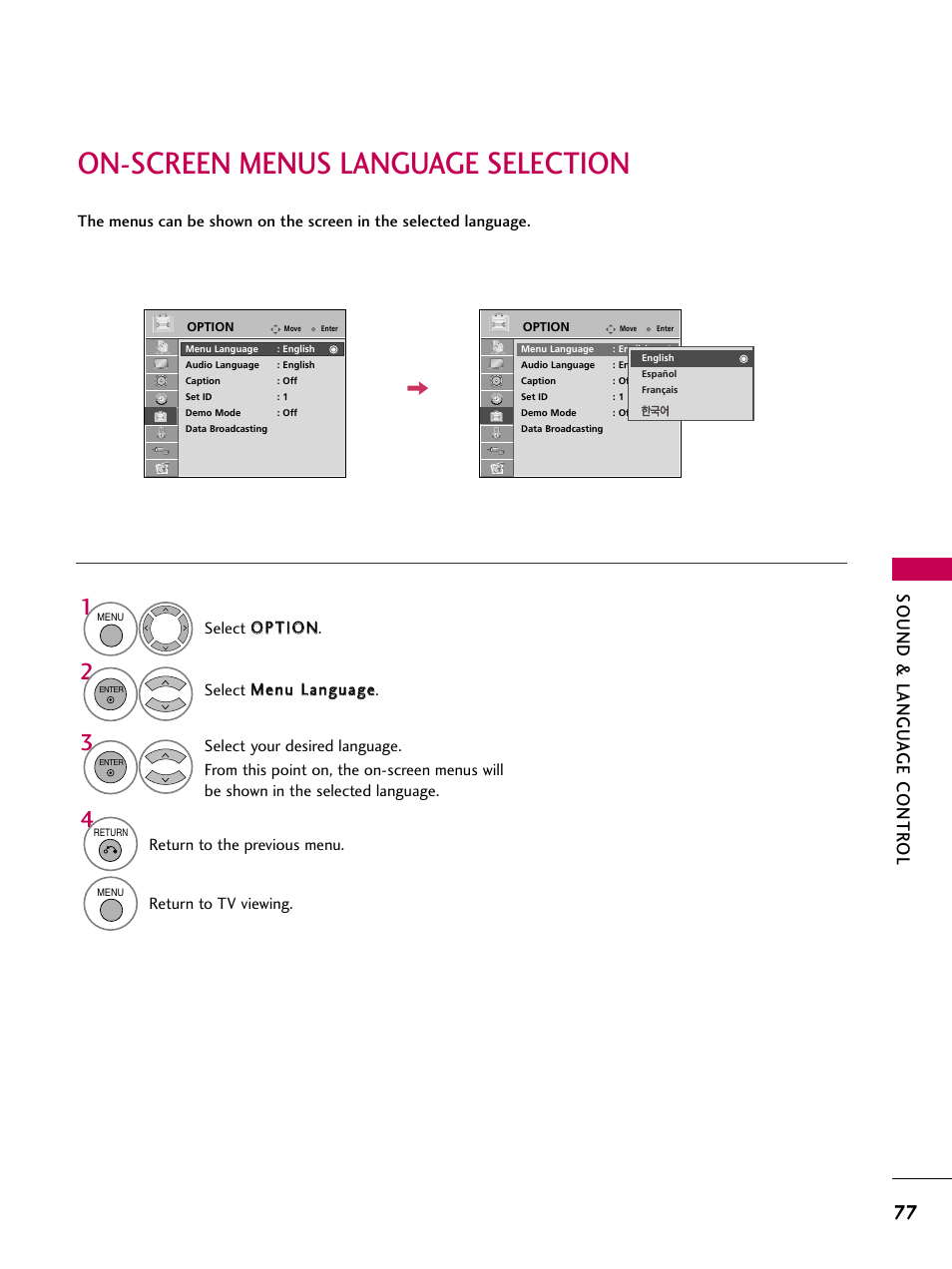 On-screen menus language selection, Sound & langu a ge contr ol | LG 32LD655H User Manual | Page 77 / 167