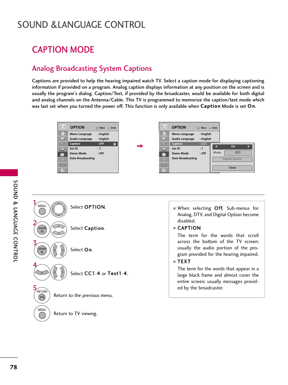 Caption mode, Sound &language control, Analog broadcasting system captions | Sound & langu a ge contr ol | LG 32LD655H User Manual | Page 78 / 167
