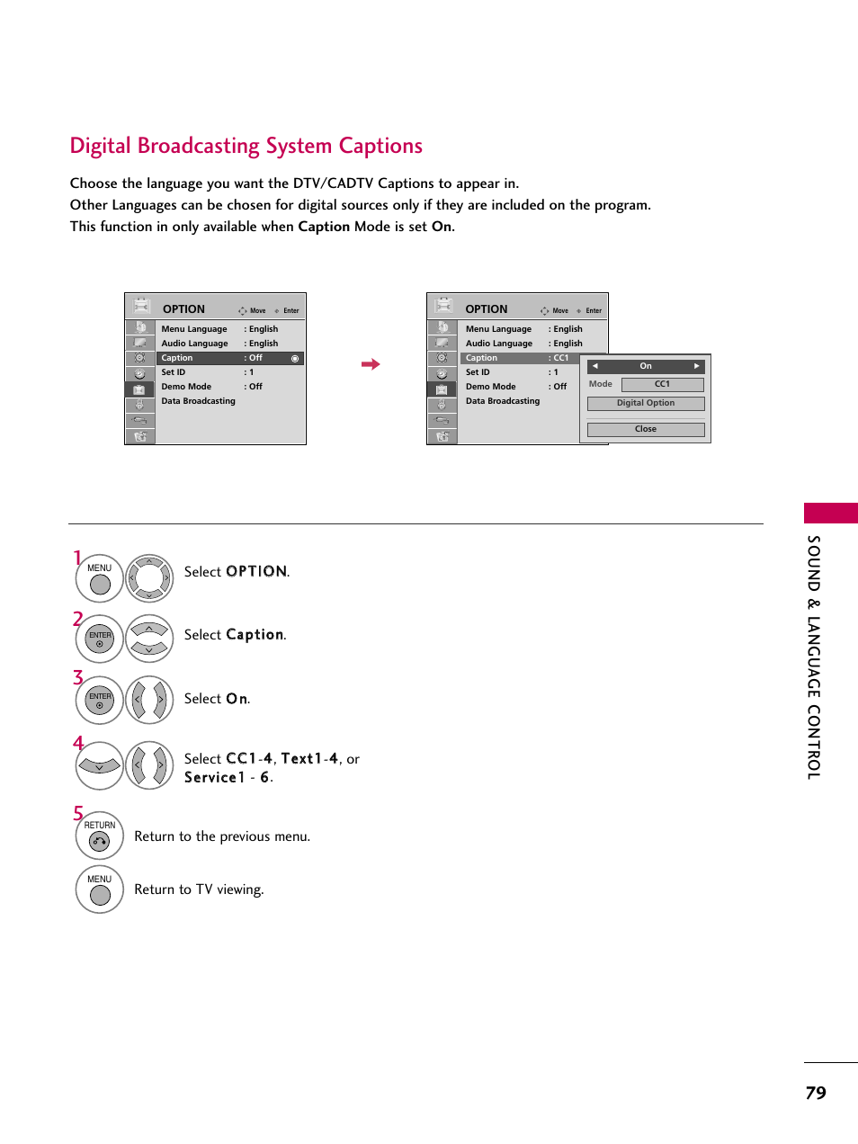 Digital broadcasting system captions, Sound & langu a ge contr ol | LG 32LD655H User Manual | Page 79 / 167