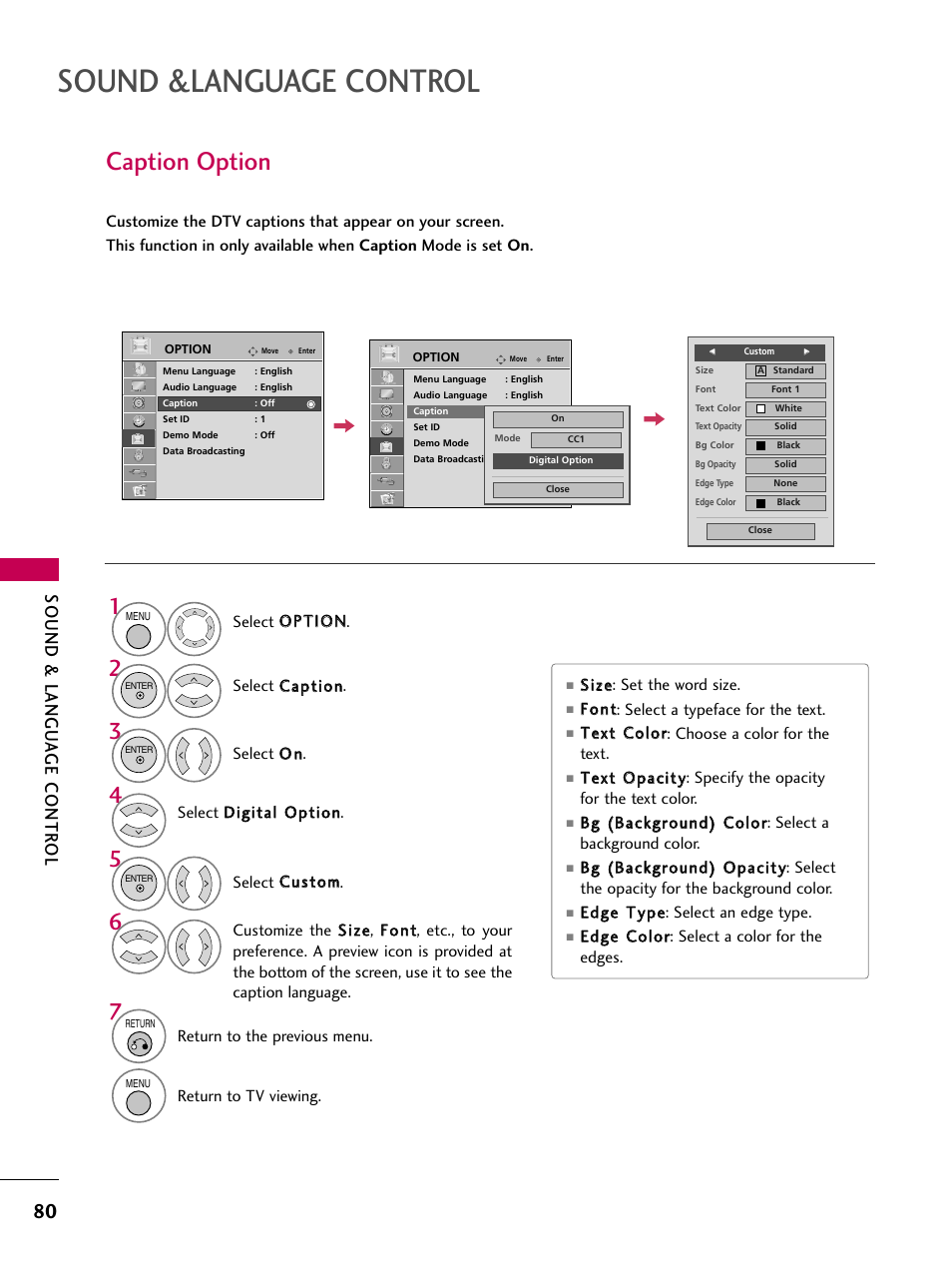 Sound &language control, Caption option, Sound & langu a ge contr ol | LG 32LD655H User Manual | Page 80 / 167