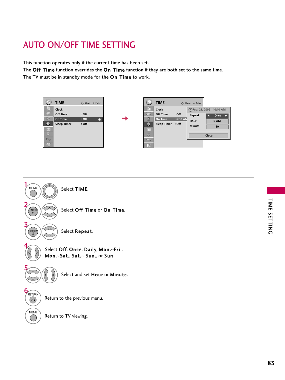 Auto on/off time setting, Time setting | LG 32LD655H User Manual | Page 83 / 167