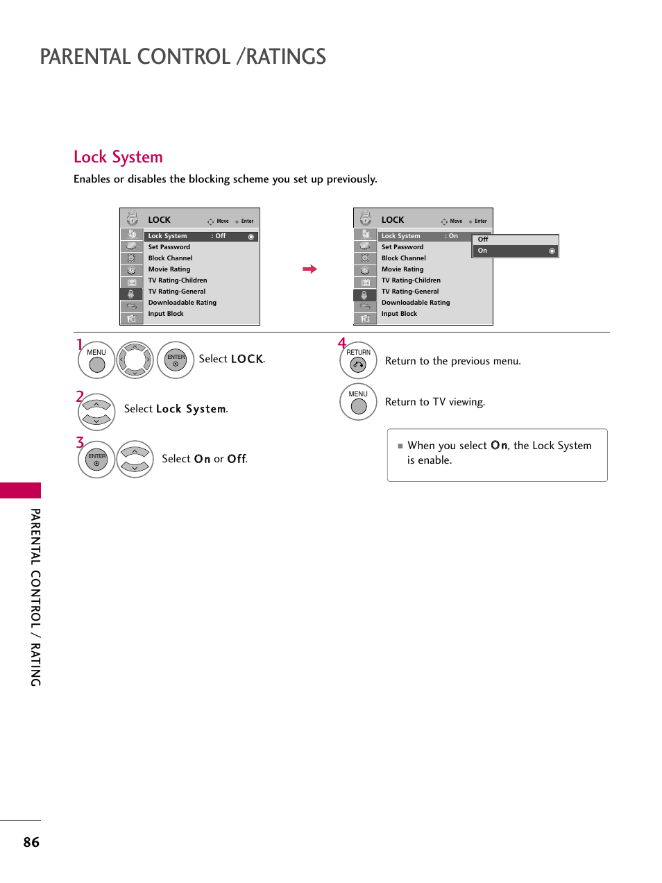 Parental control /ratings, Lock system, Parent al contr ol / r ating | LG 32LD655H User Manual | Page 86 / 167