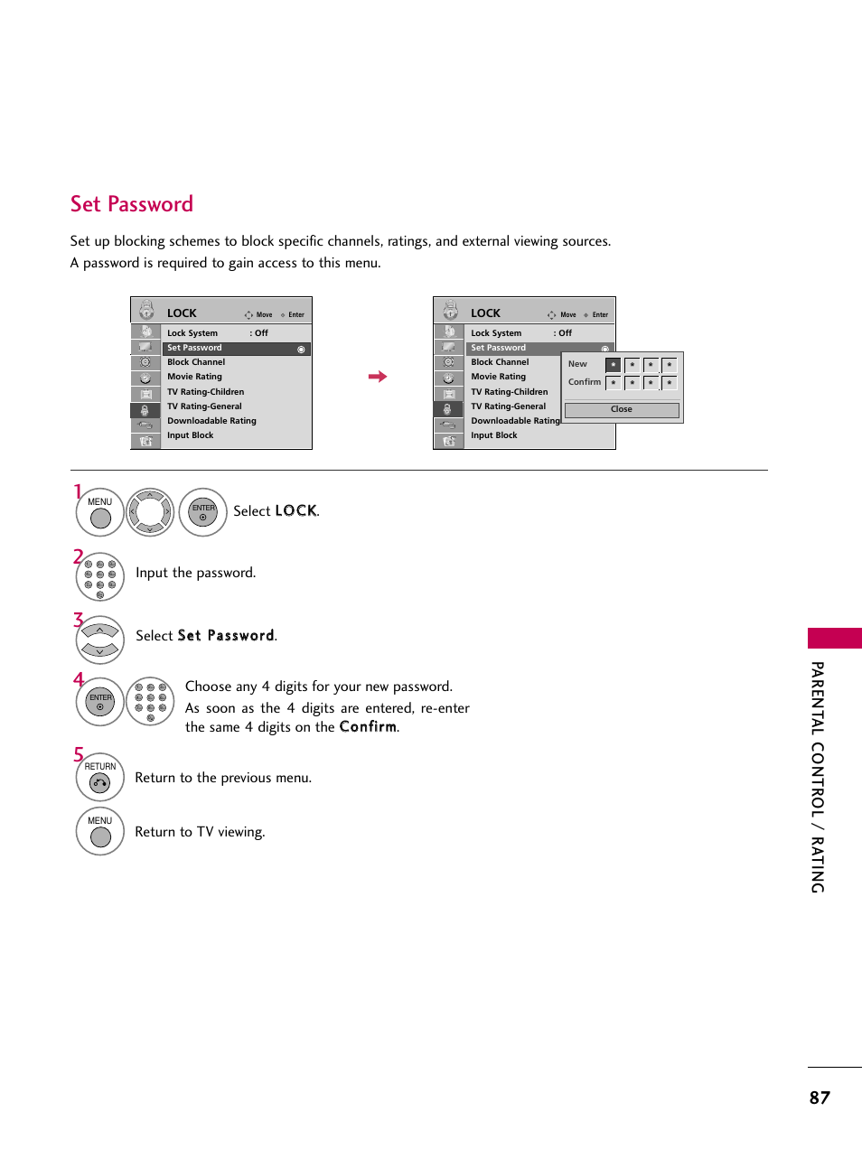 Set password, Parent al contr ol / r ating, Select llo oc ck k | Input the password, Return to the previous menu, Return to tv viewing | LG 32LD655H User Manual | Page 87 / 167
