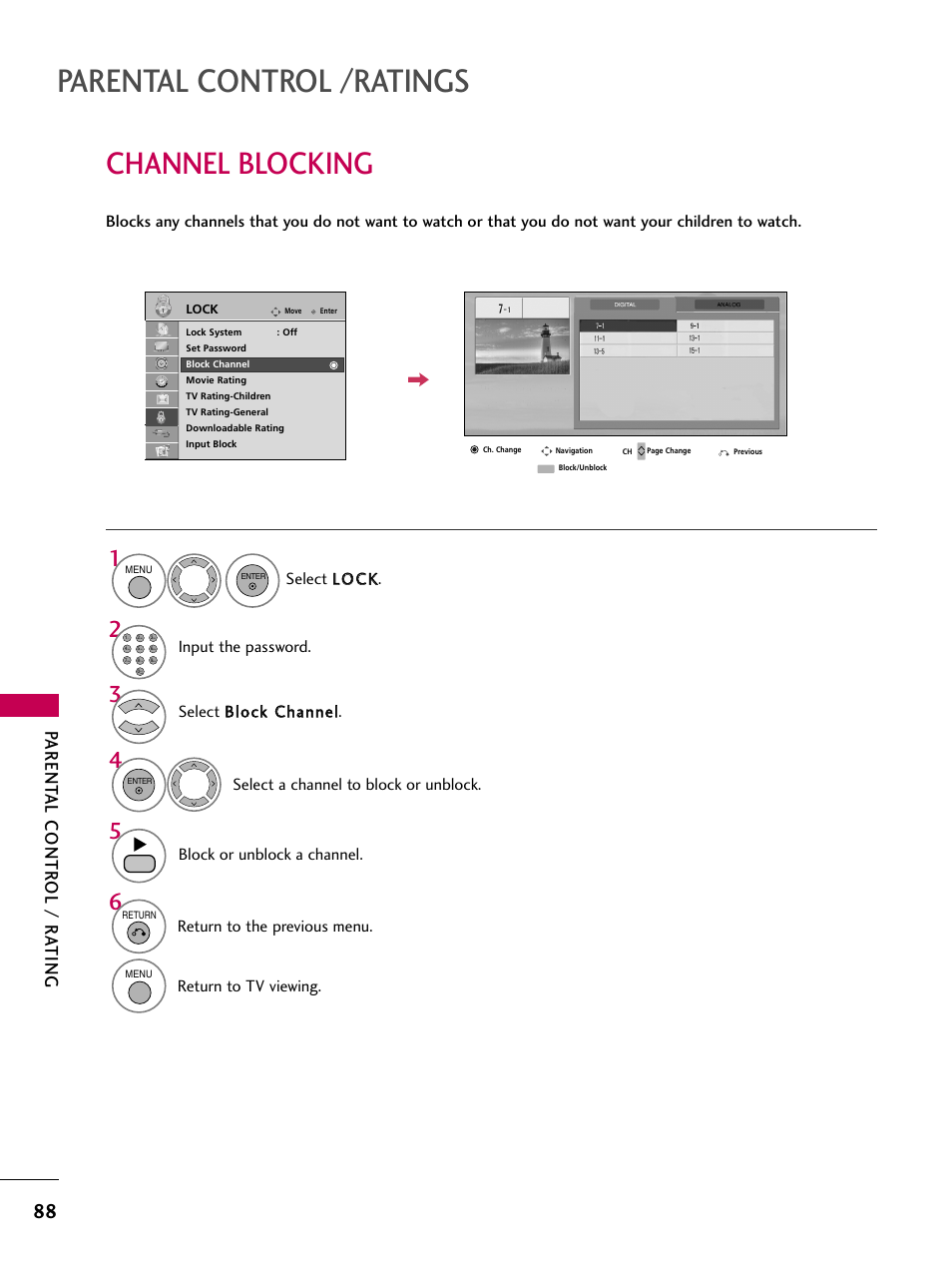 Channel blocking, Parental control /ratings, Parent al contr ol / r ating | LG 32LD655H User Manual | Page 88 / 167