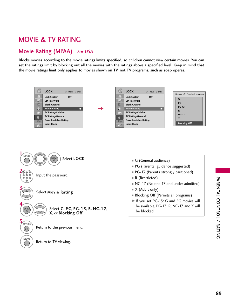 Movie & tv rating, Movie rating (mpaa), For usa | Parent al contr ol / r ating | LG 32LD655H User Manual | Page 89 / 167