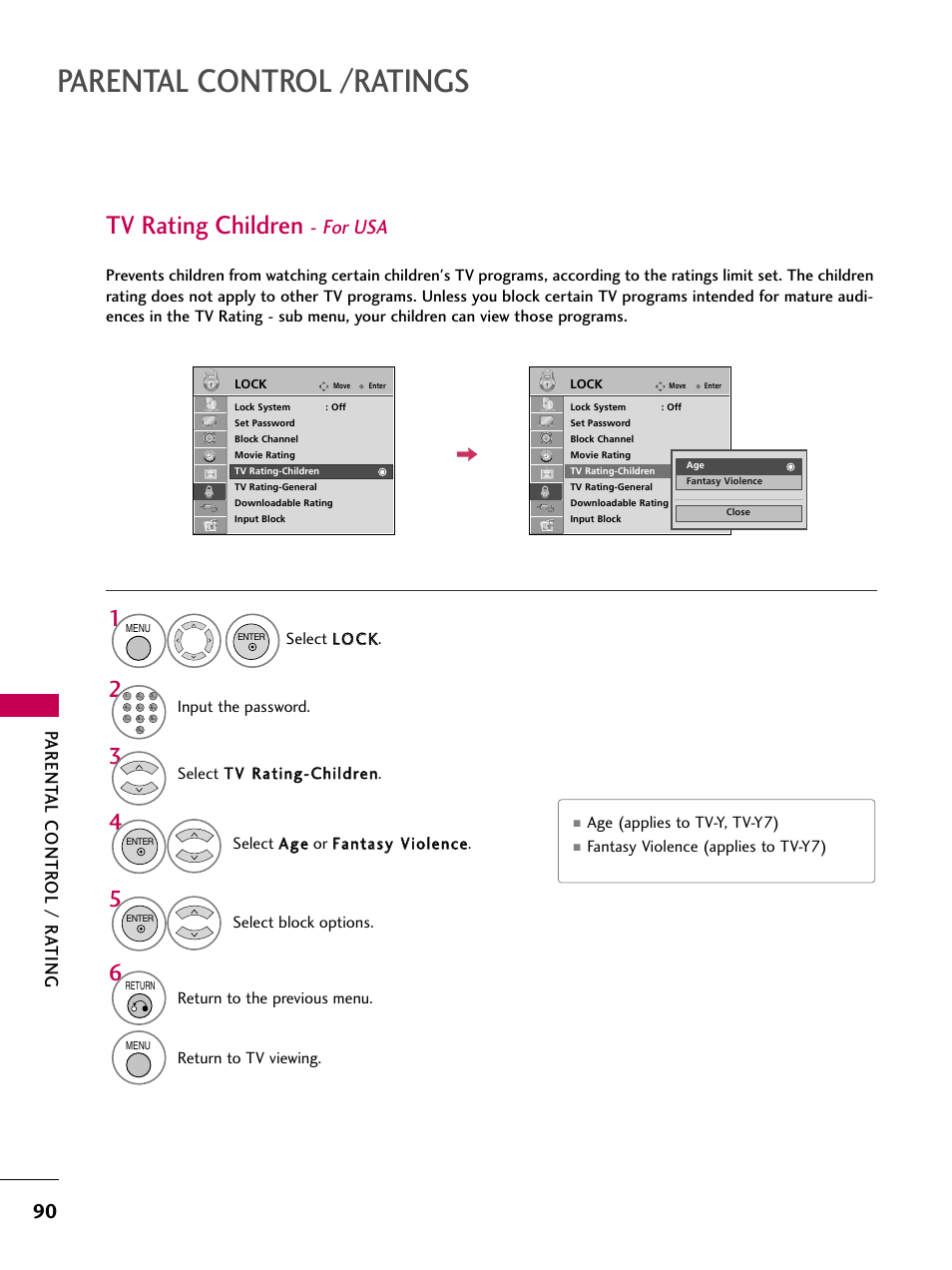 Parental control /ratings, Tv rating children, For usa | Parent al contr ol / r ating | LG 32LD655H User Manual | Page 90 / 167