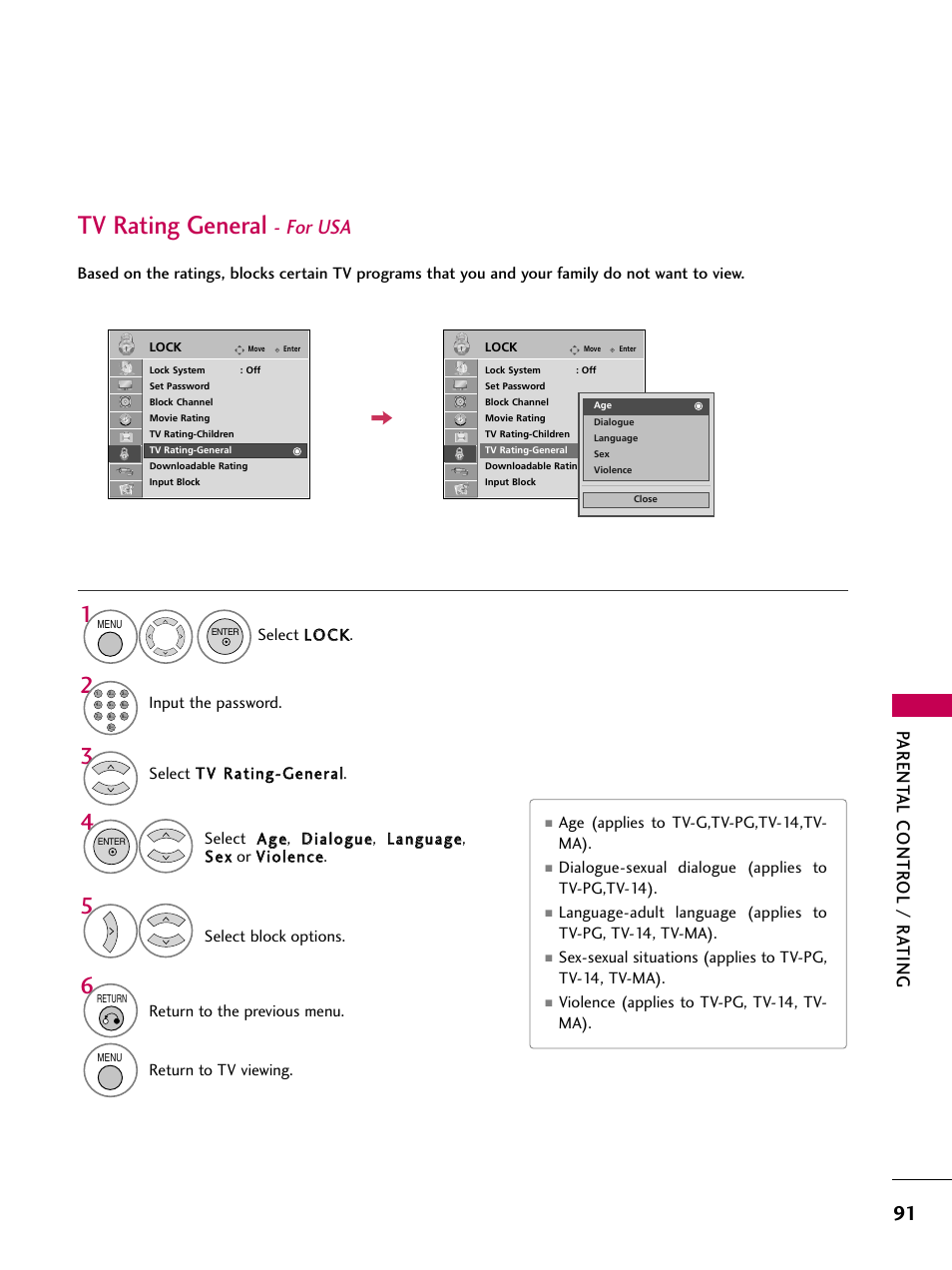 Tv rating general, For usa, Parent al contr ol / r ating | LG 32LD655H User Manual | Page 91 / 167