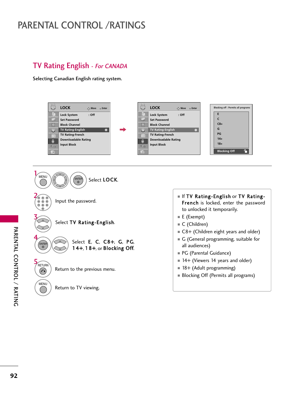 Parental control /ratings, Tv rating english, For canada | Parent al contr ol / r ating | LG 32LD655H User Manual | Page 92 / 167