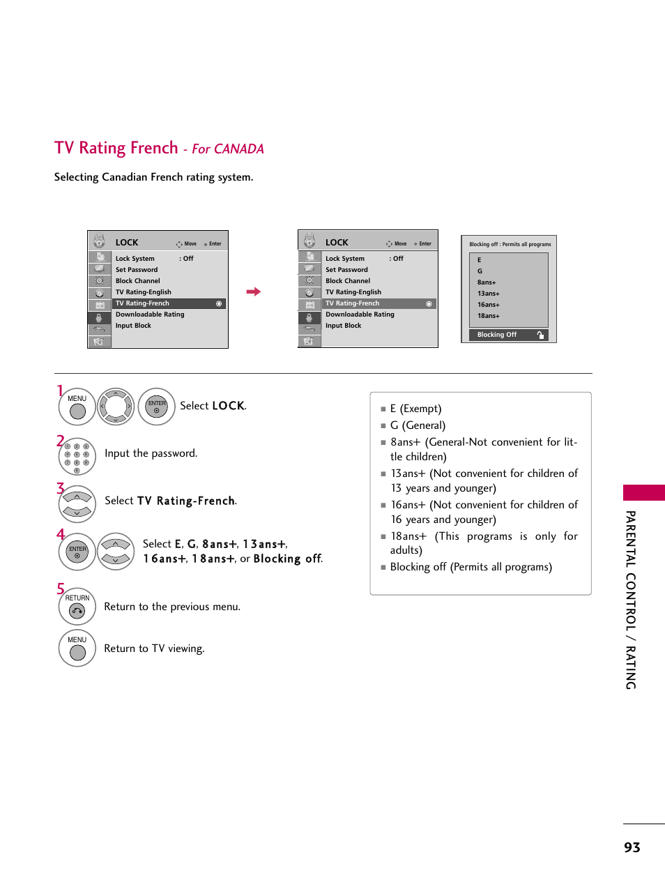 Tv rating french, For canada, Parent al contr ol / r ating | LG 32LD655H User Manual | Page 93 / 167