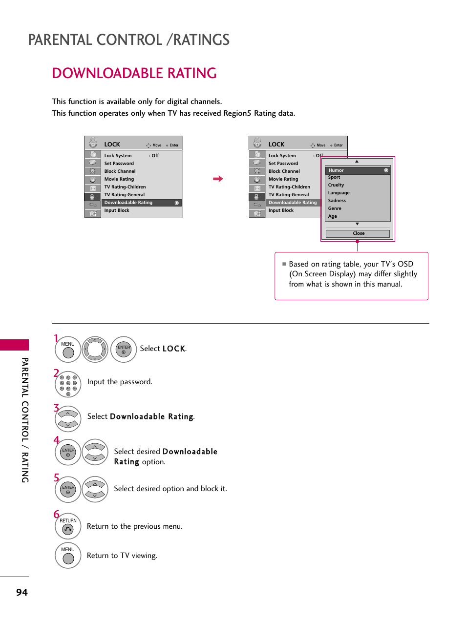 Downloadable rating, Parental control /ratings, Parent al contr ol / r ating | LG 32LD655H User Manual | Page 94 / 167