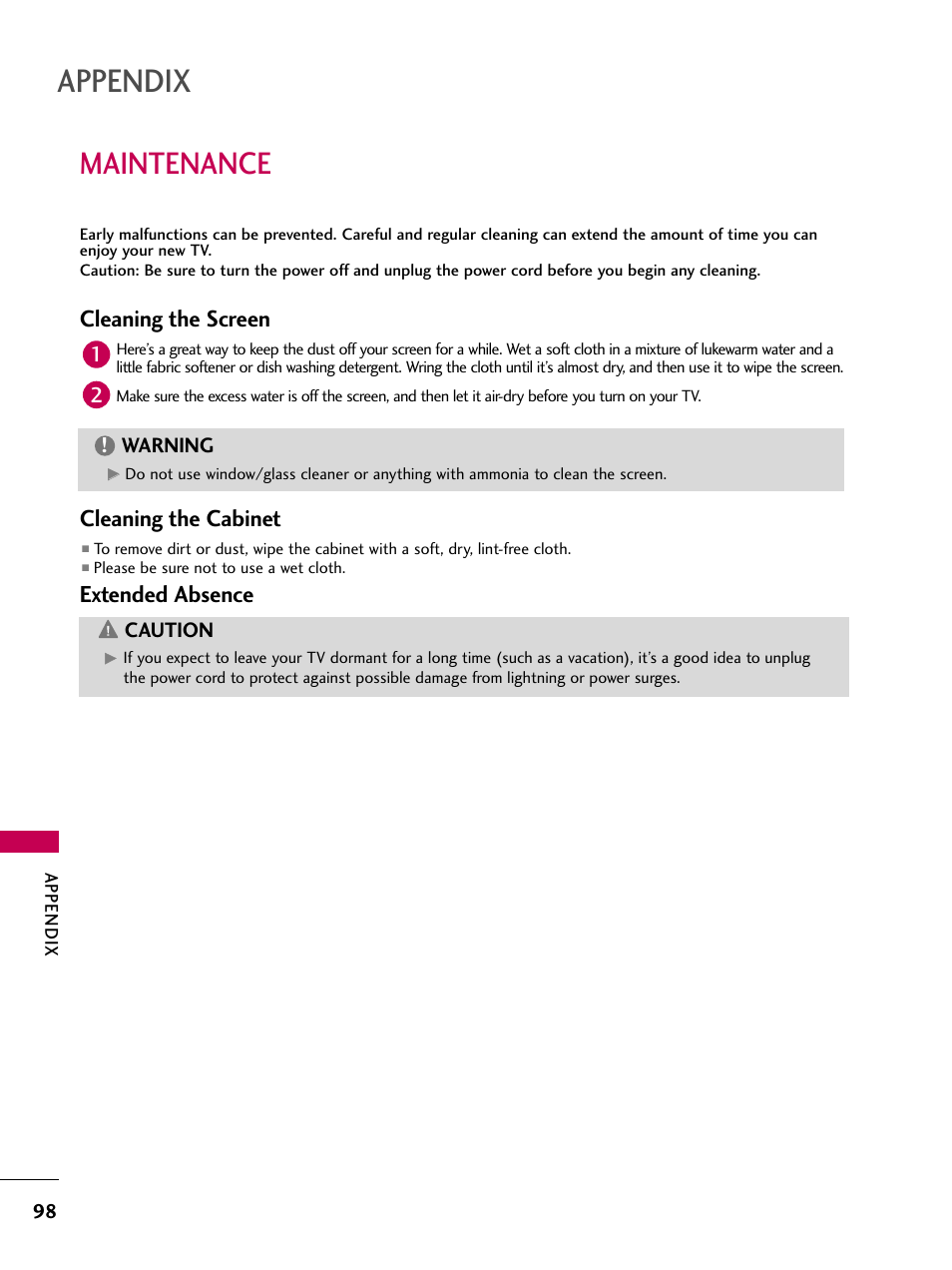 Maintenance, Appendix, Cleaning the screen | Cleaning the cabinet, Extended absence | LG 32LD655H User Manual | Page 98 / 167