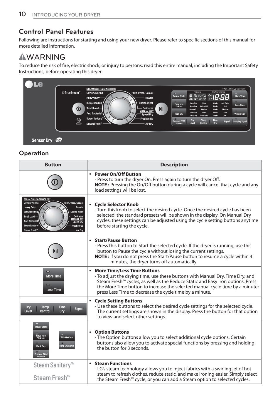 Wwarning, Control panel features, Operation | LG DLGX5681W User Manual | Page 10 / 88