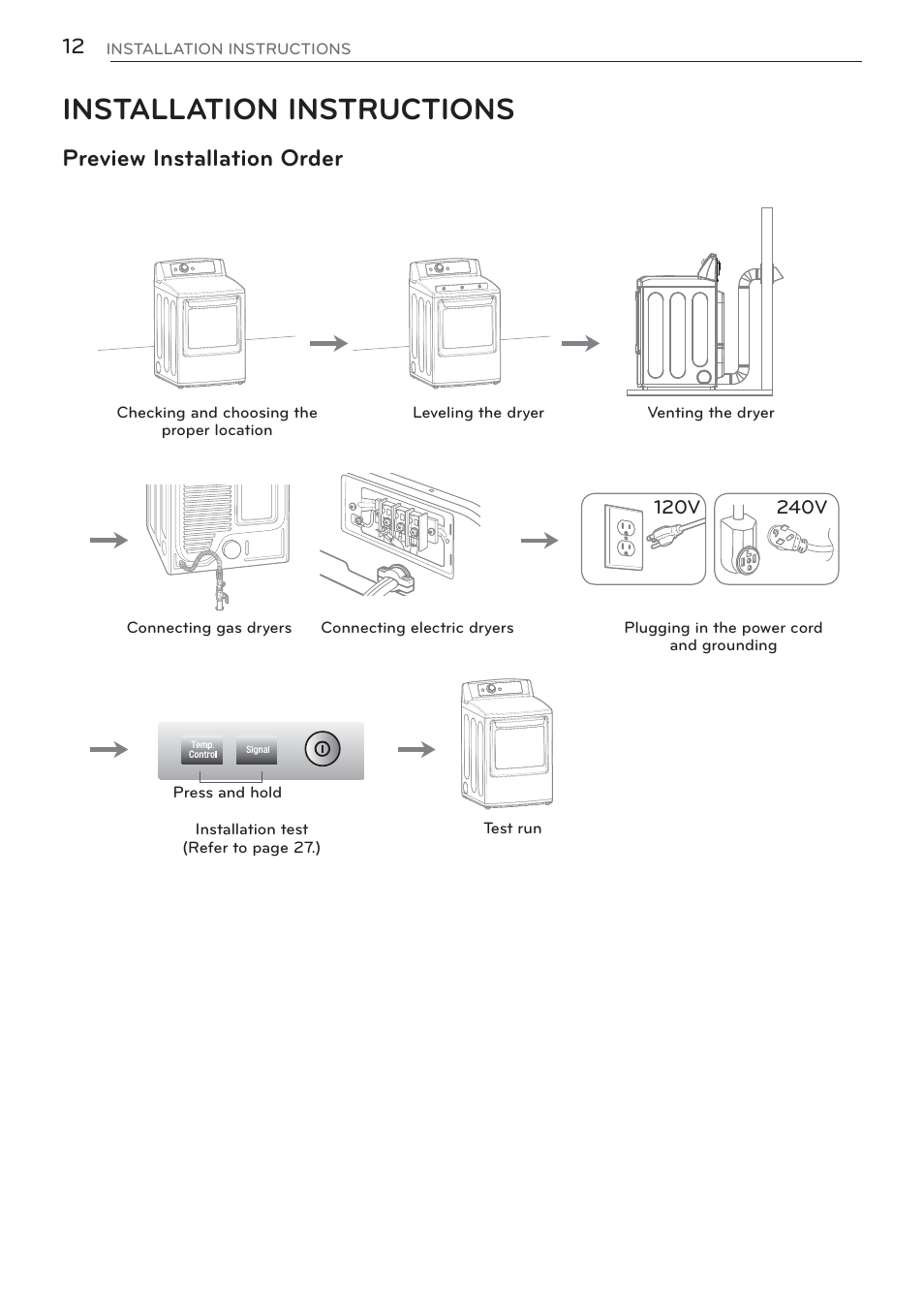 Installation instructions, Preview installation order | LG DLGX5681W User Manual | Page 12 / 88
