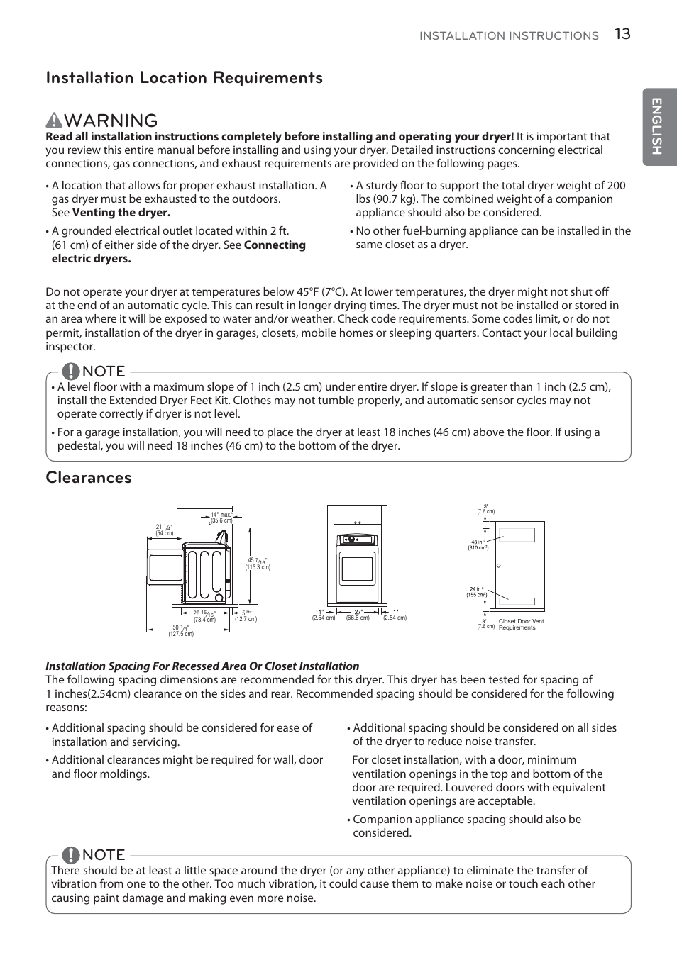 Wwarning, Installation location requirements, Clearances | English | LG DLGX5681W User Manual | Page 13 / 88