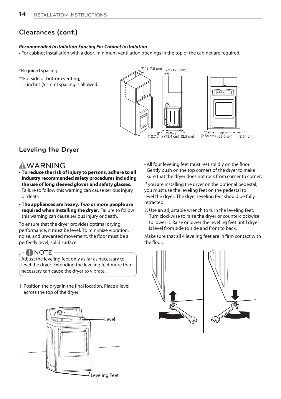 Wwarning, Clearances (cont.), Leveling the dryer | LG DLGX5681W User Manual | Page 14 / 88
