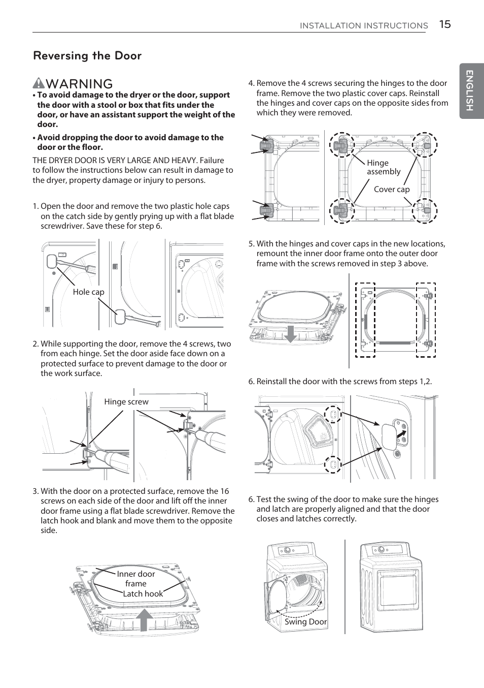 Wwarning, Reversing the door | LG DLGX5681W User Manual | Page 15 / 88
