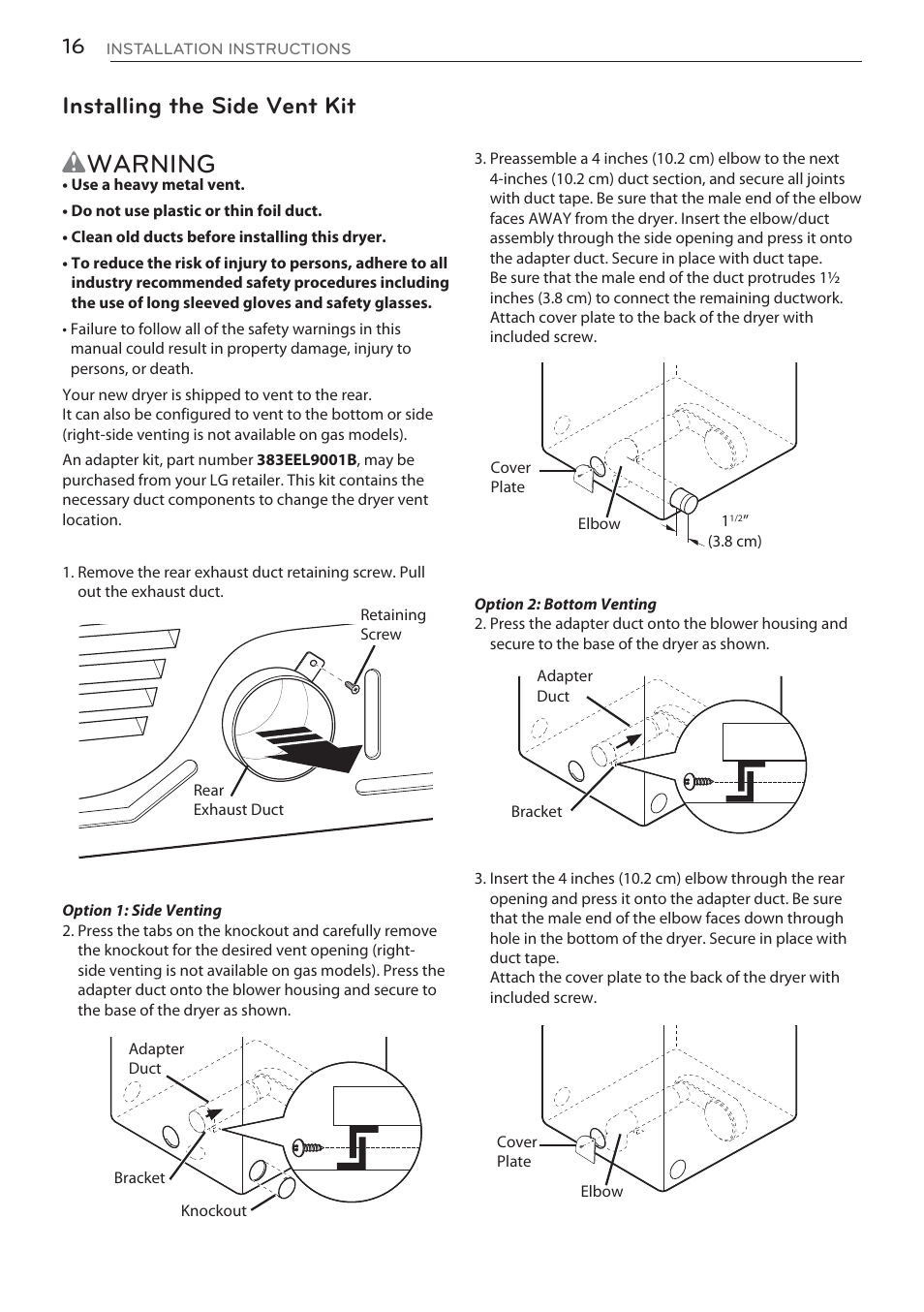 Wwarning, Installing the side vent kit | LG DLGX5681W User Manual | Page 16 / 88