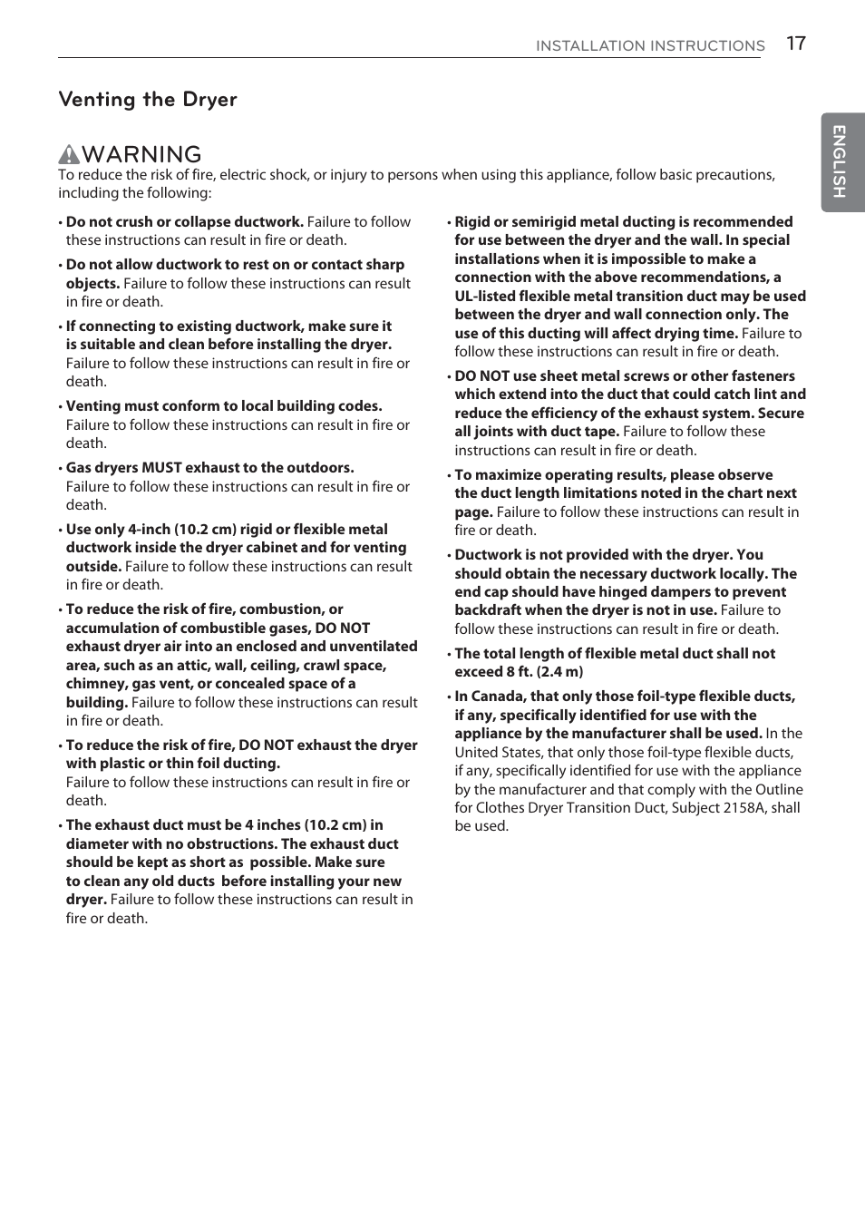 Wwarning, Venting the dryer | LG DLGX5681W User Manual | Page 17 / 88