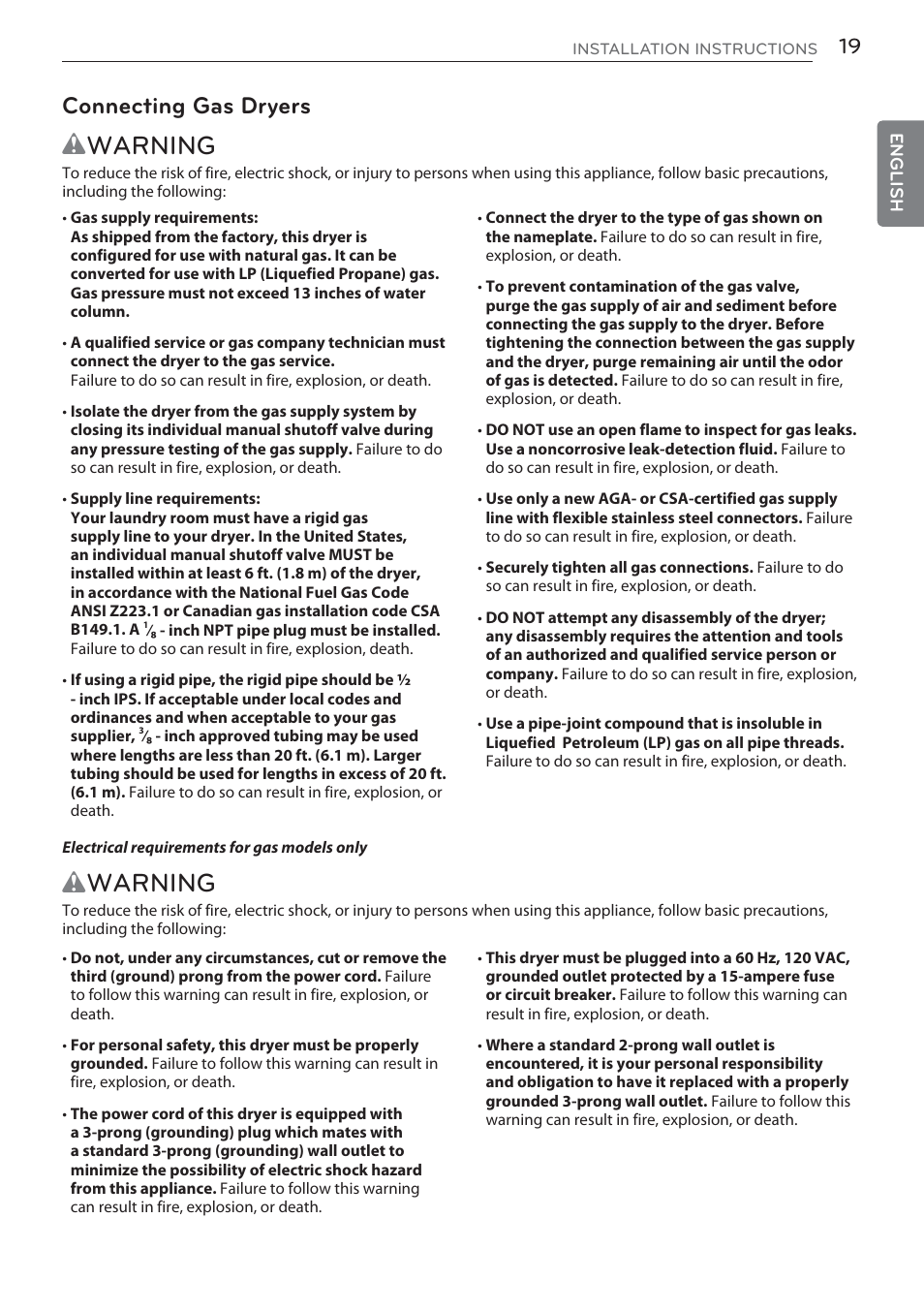 Wwarning, Connecting gas dryers | LG DLGX5681W User Manual | Page 19 / 88
