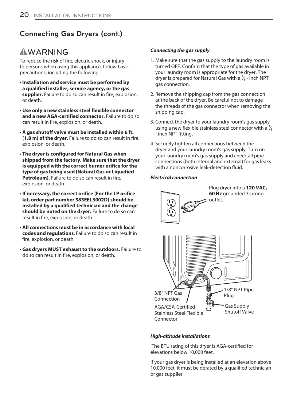 Wwarning, Connecting gas dryers (cont.) | LG DLGX5681W User Manual | Page 20 / 88
