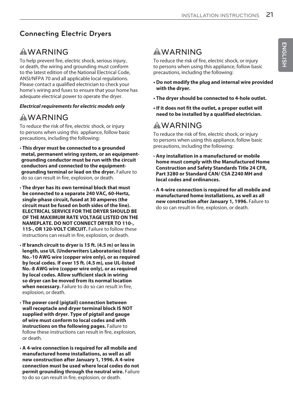 Wwarning, Connecting electric dryers | LG DLGX5681W User Manual | Page 21 / 88