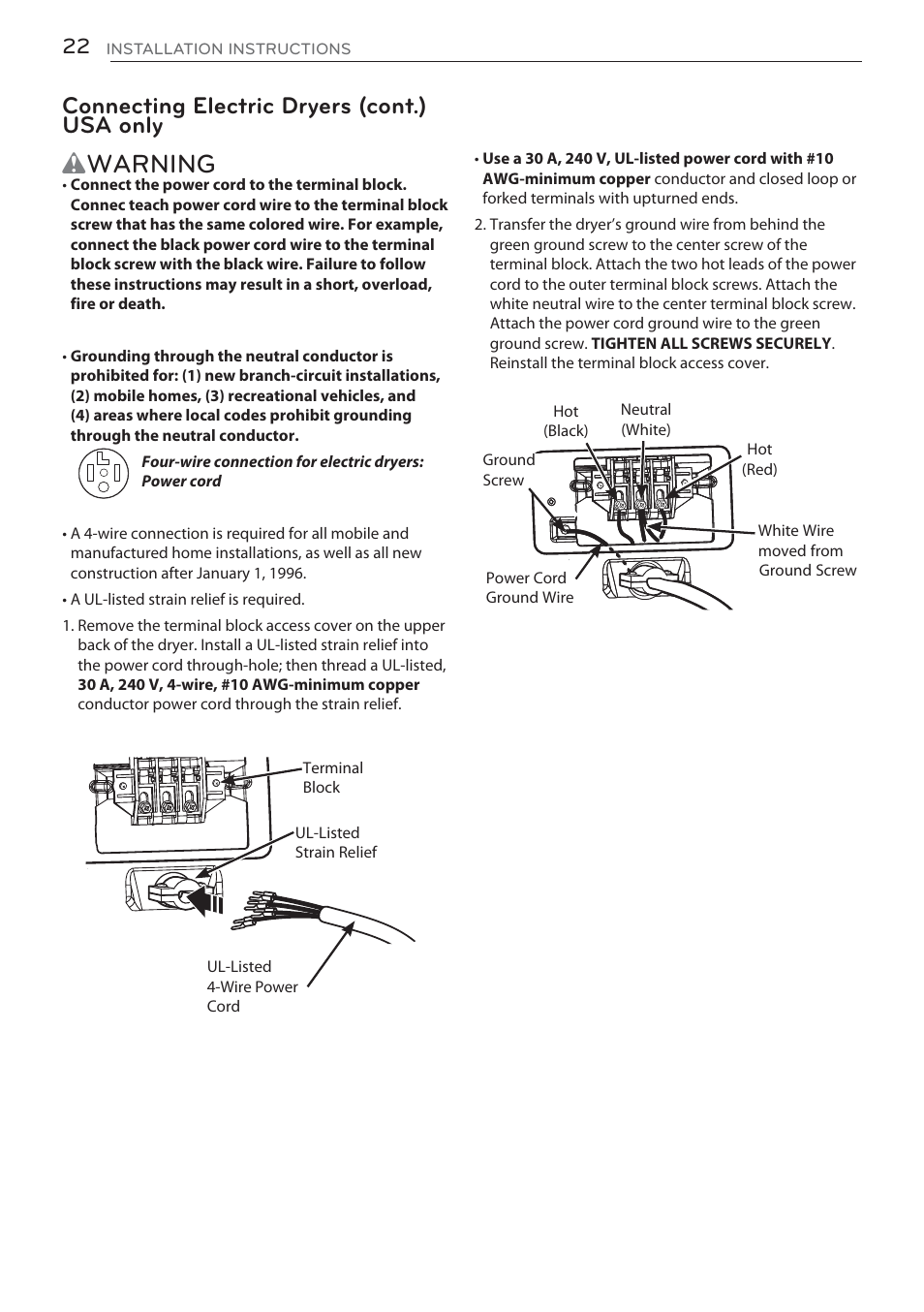 Wwarning, Connecting electric dryers (cont.) usa only | LG DLGX5681W User Manual | Page 22 / 88