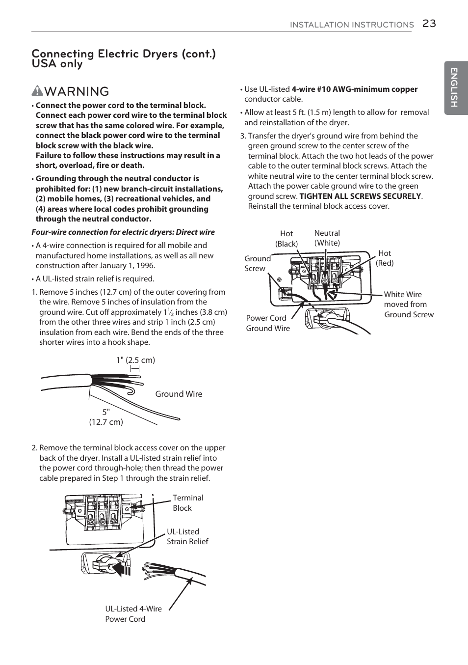 Wwarning, Connecting electric dryers (cont.) usa only | LG DLGX5681W User Manual | Page 23 / 88