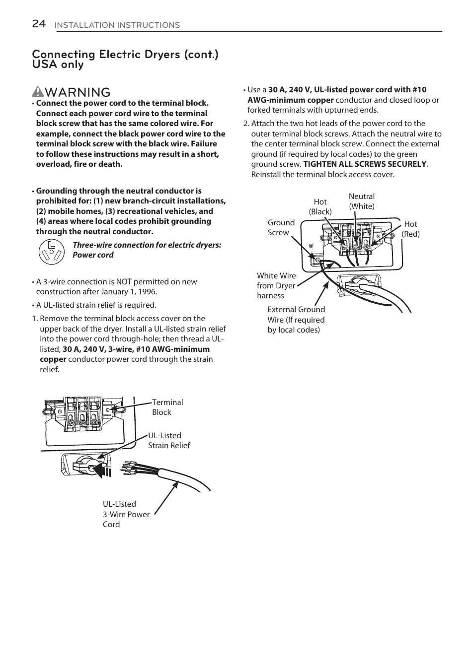 Wwarning, Connecting electric dryers (cont.) usa only | LG DLGX5681W User Manual | Page 24 / 88