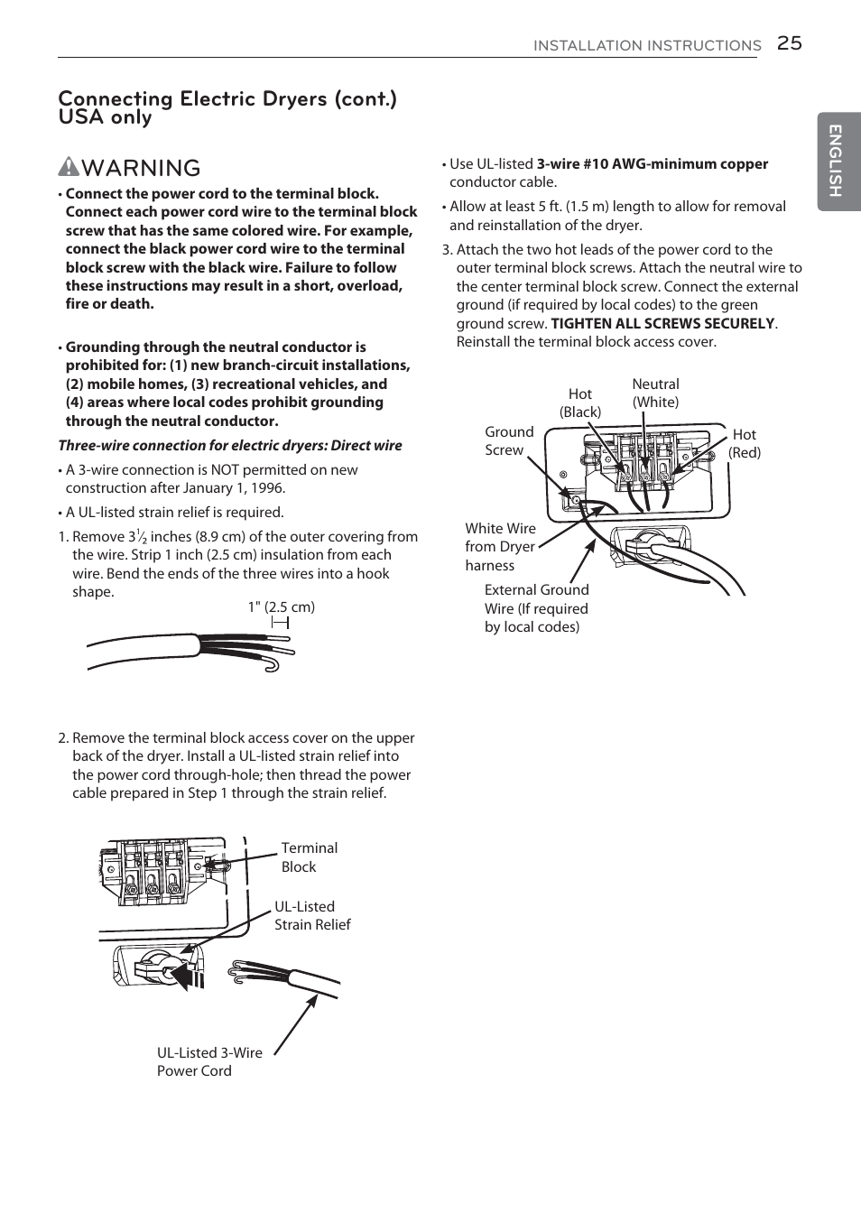 Wwarning, Connecting electric dryers (cont.) usa only | LG DLGX5681W User Manual | Page 25 / 88