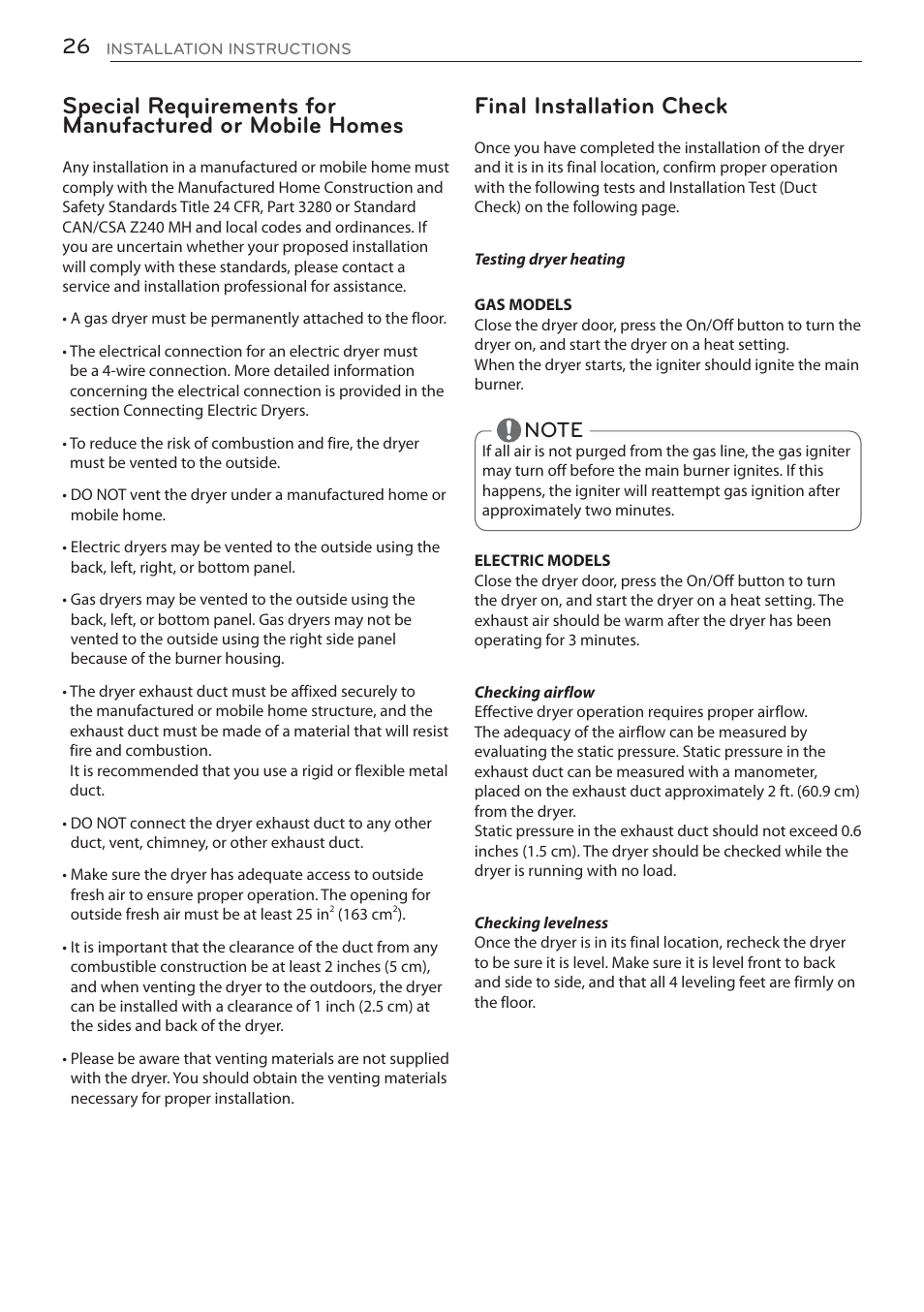 Final installation check | LG DLGX5681W User Manual | Page 26 / 88