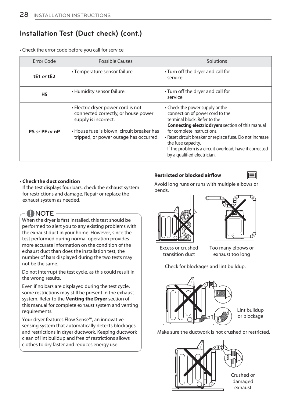 Installation test (duct check) (cont.) | LG DLGX5681W User Manual | Page 28 / 88