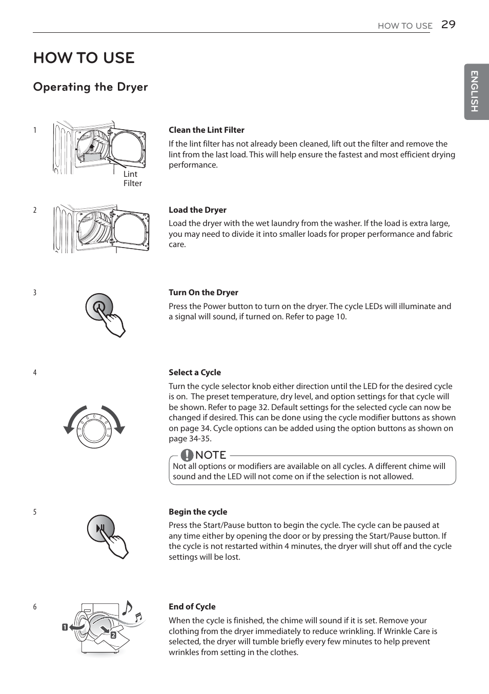 How to use, Operating the dryer | LG DLGX5681W User Manual | Page 29 / 88