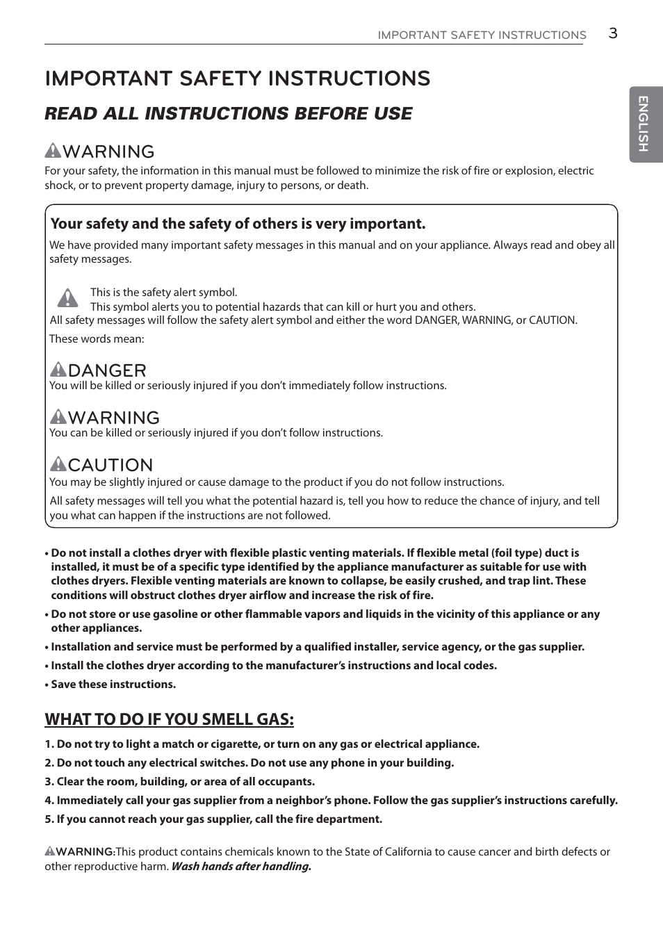Important safety instructions, Wwarning, Danger | Warning, Caution, Read all instructions before use | LG DLGX5681W User Manual | Page 3 / 88