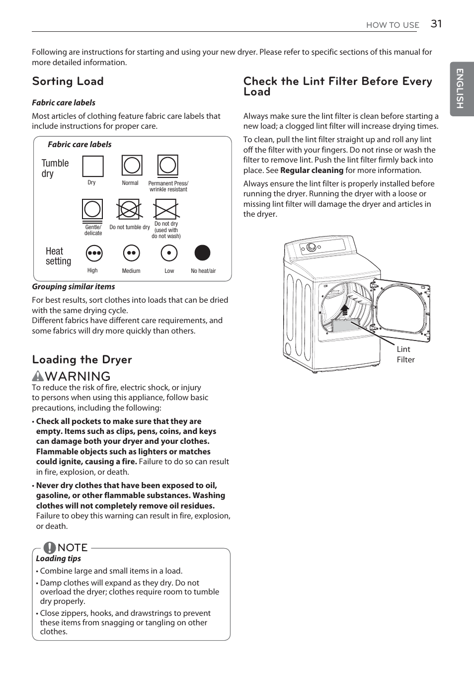 Wwarning, Check the lint filter before every load, Sorting load | Loading the dryer | LG DLGX5681W User Manual | Page 31 / 88
