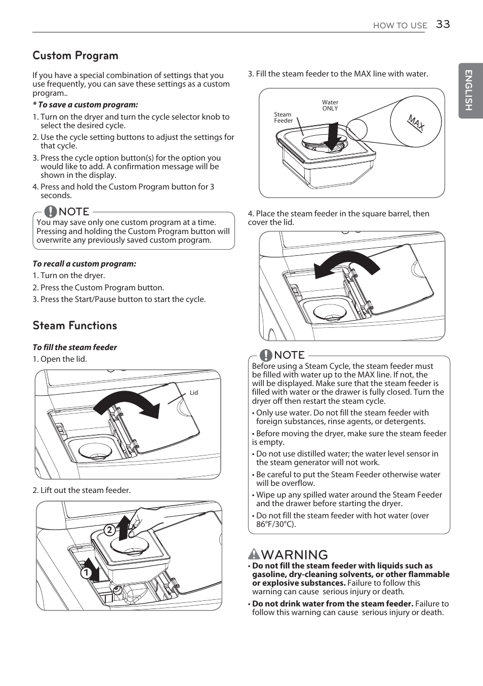 Wwarning, Custom program, Steam functions | LG DLGX5681W User Manual | Page 33 / 88