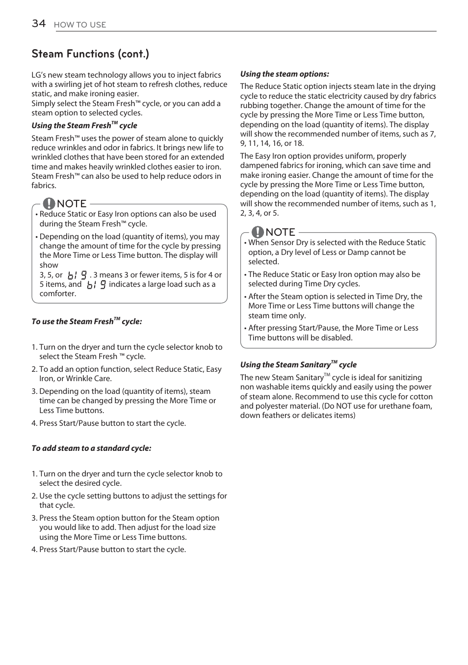 Steam functions (cont.) | LG DLGX5681W User Manual | Page 34 / 88