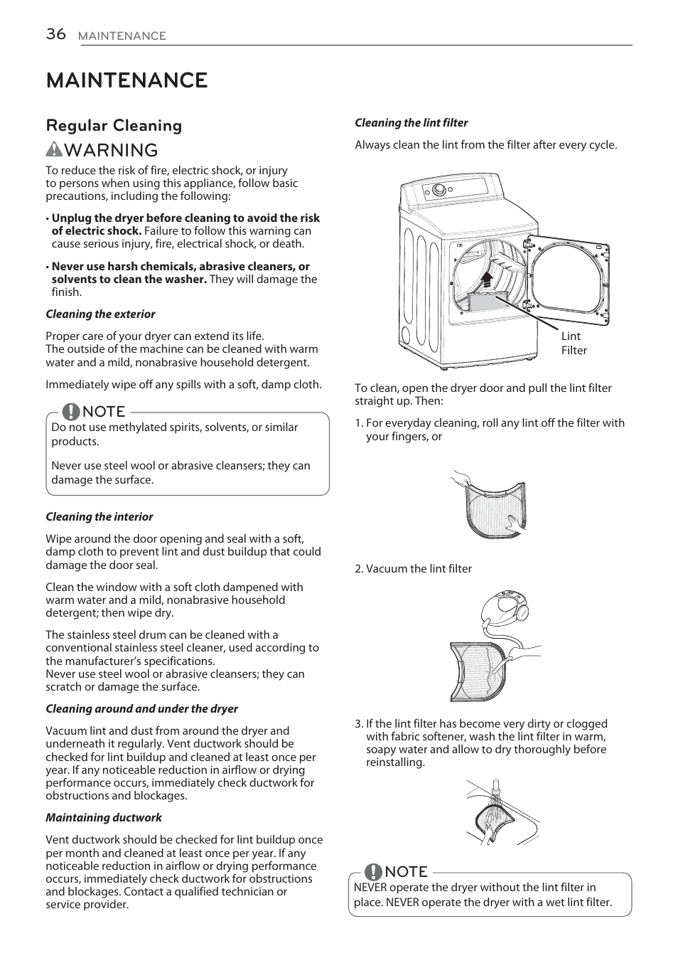 Maintenance, Wwarning, Regular cleaning | LG DLGX5681W User Manual | Page 36 / 88