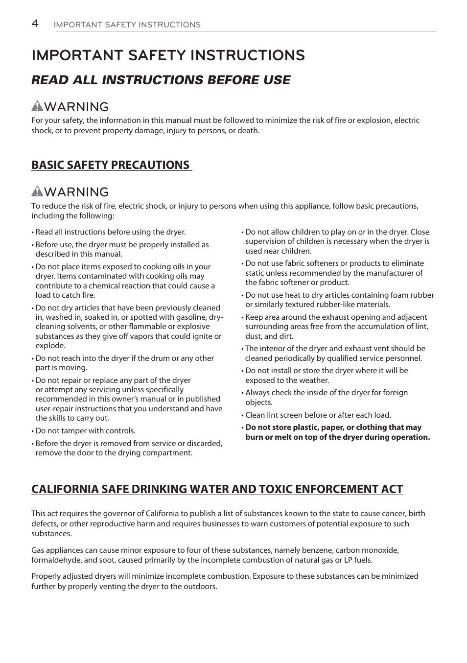 Important safety instructions, Wwarning, Read all instructions before use | LG DLGX5681W User Manual | Page 4 / 88