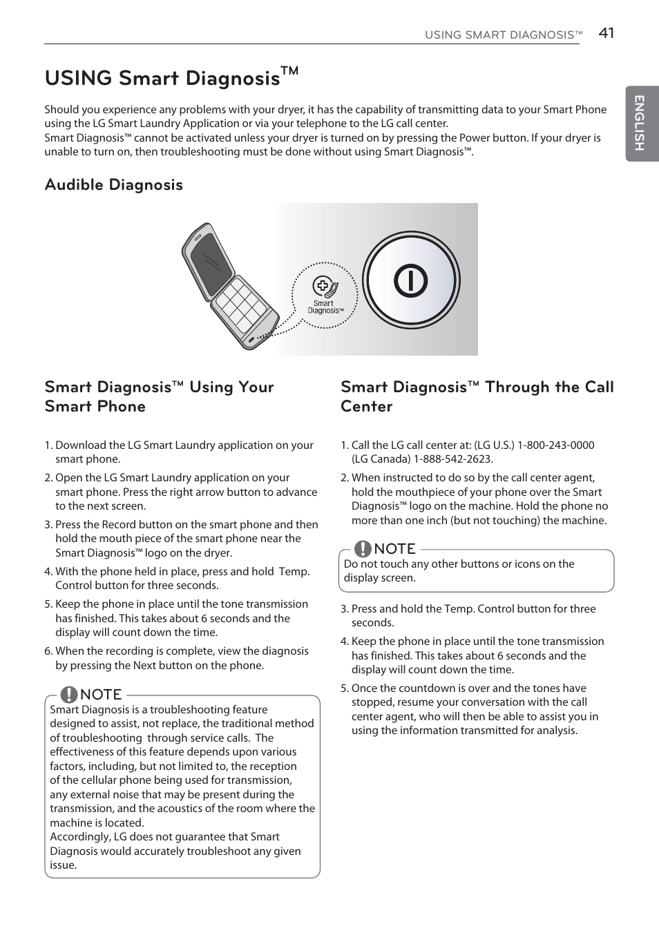 Using smart diagnosis, Audible diagnosis, Smart diagnosis™ using your smart phone | Smart diagnosis™ through the call center | LG DLGX5681W User Manual | Page 41 / 88