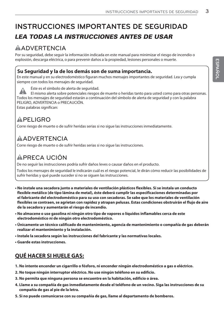 Instrucciones importantes de seguridad, Wadvertencia, Peligro | Advertencia, Preca ución, Lea todas la instrucciones antes de usar | LG DLGX5681W User Manual | Page 45 / 88