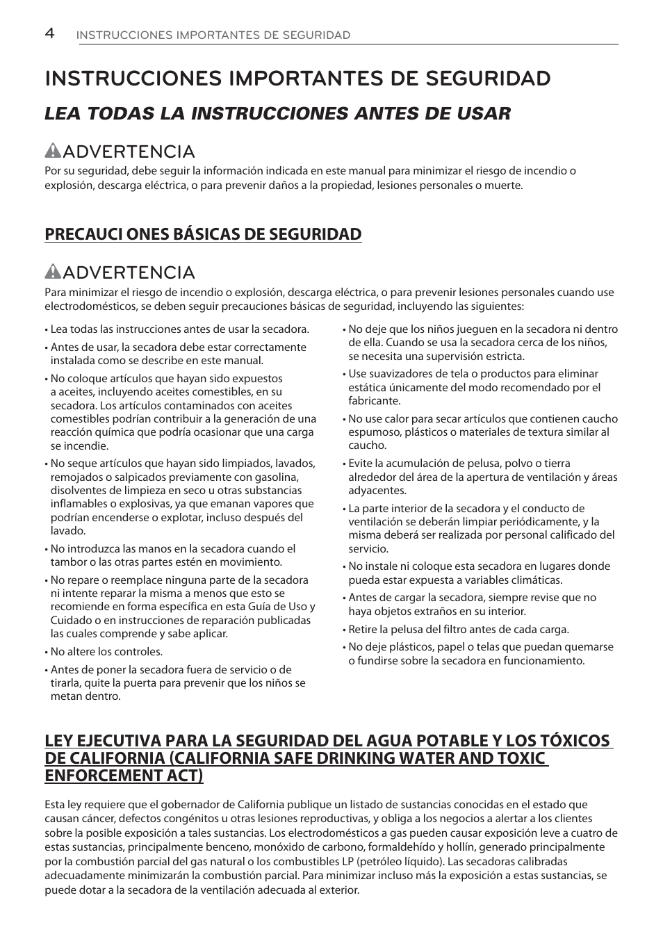 Instrucciones importantes de seguridad, Wadvertencia, Lea todas la instrucciones antes de usar | LG DLGX5681W User Manual | Page 46 / 88