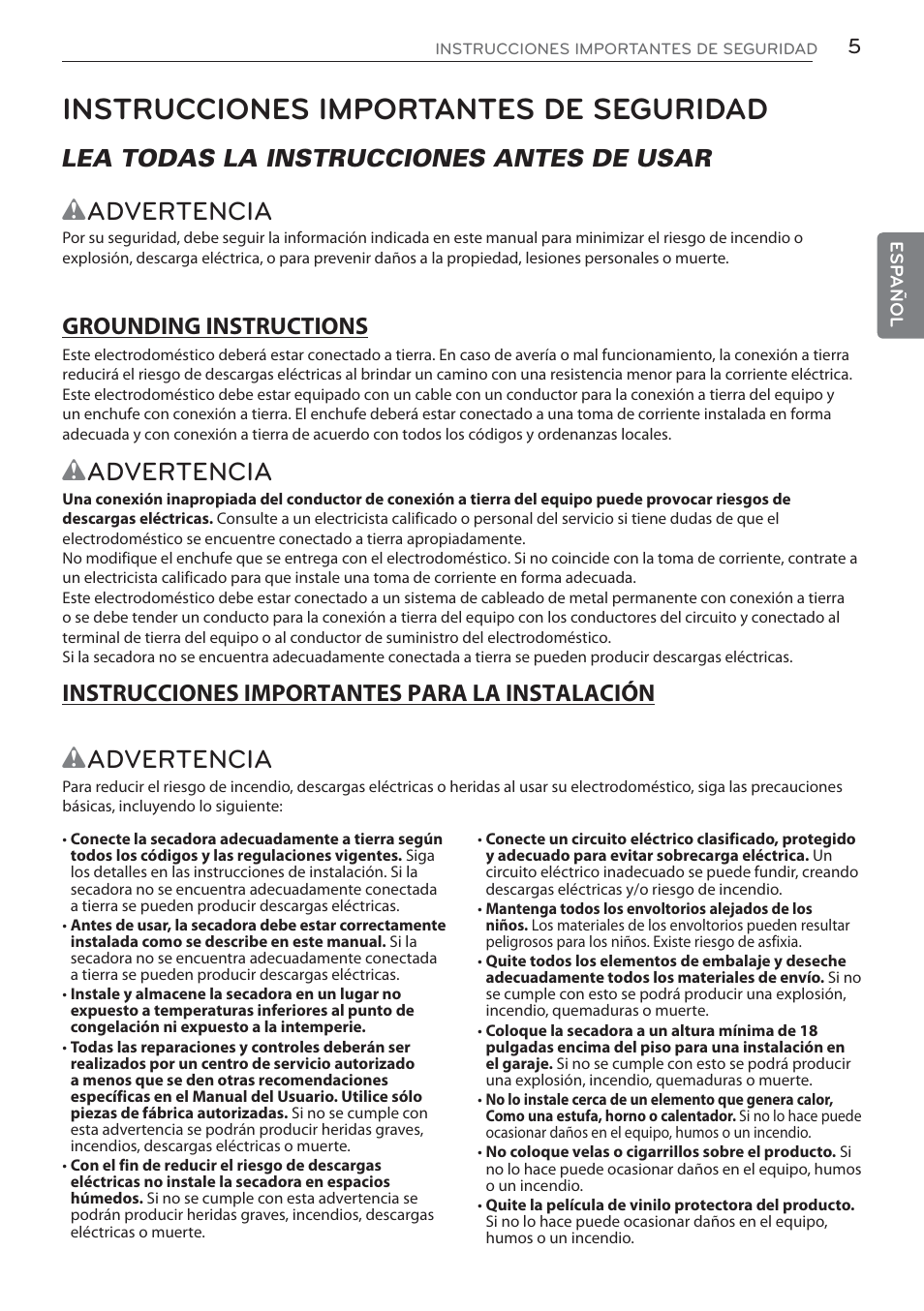 Instrucciones importantes de seguridad, Wadvertencia, Lea todas la instrucciones antes de usar | LG DLGX5681W User Manual | Page 47 / 88