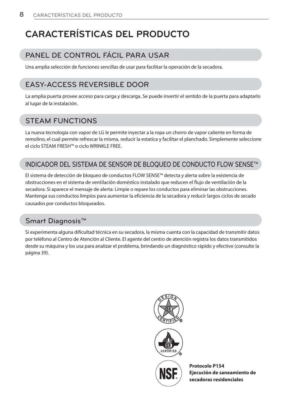 Características del producto, Panel de control fácil para usar, Easy-access reversible door | Steam functions, Smart diagnosis | LG DLGX5681W User Manual | Page 50 / 88