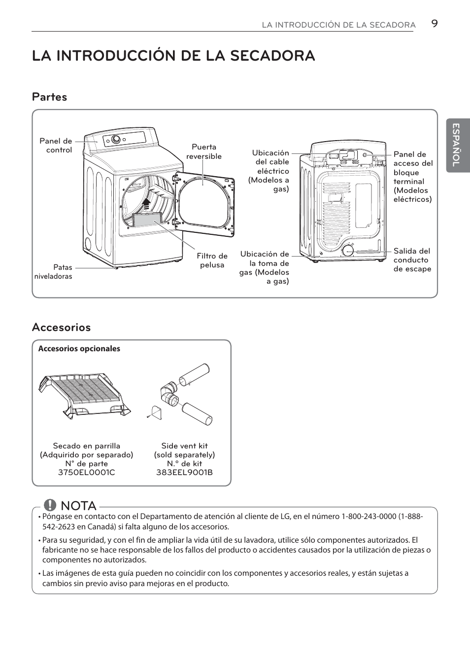 La introducción de la secadora, Nota, Partes accesorios | LG DLGX5681W User Manual | Page 51 / 88