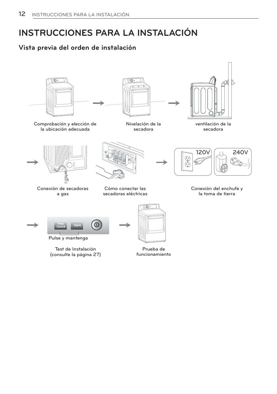 Instrucciones para la instalación, Vista previa del orden de instalación | LG DLGX5681W User Manual | Page 54 / 88